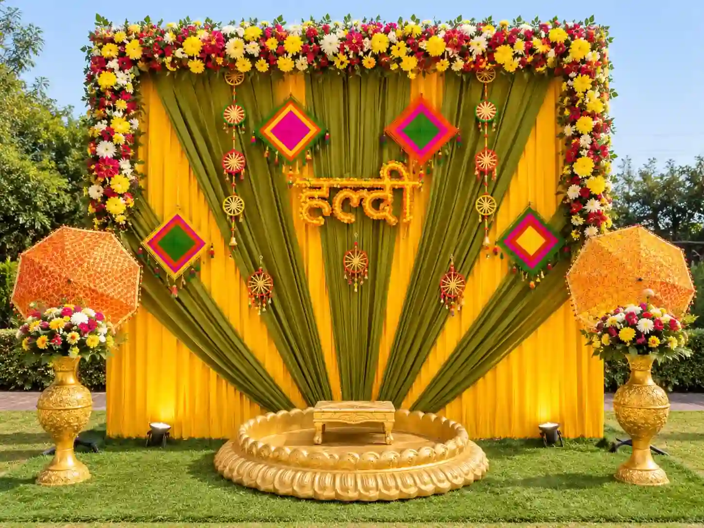 Olive Green Theme Haldi Decor Setup